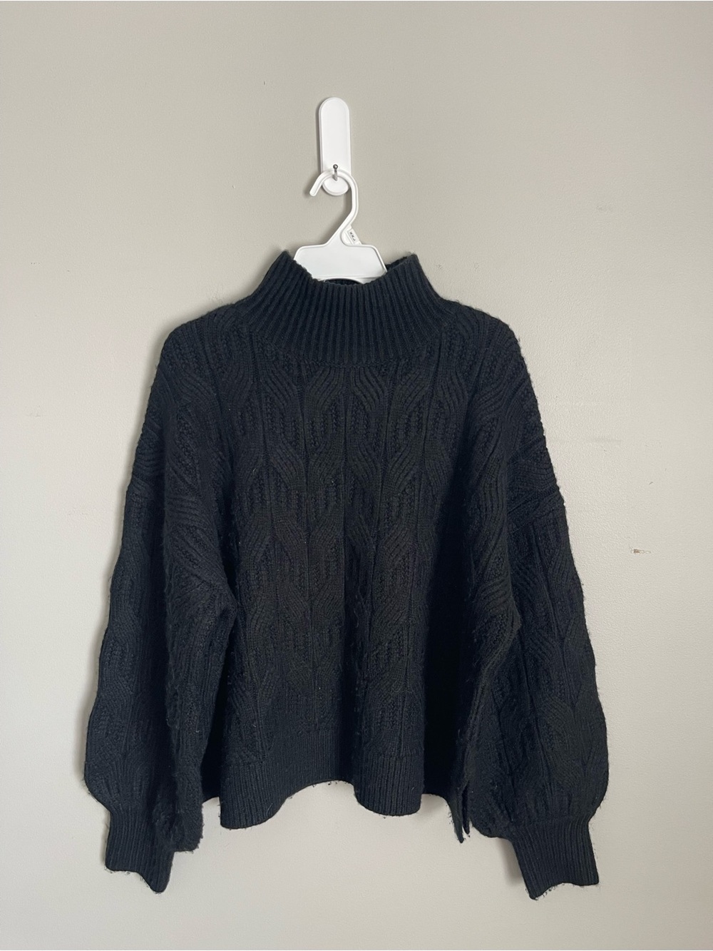 PROLOGUE Black Cable Knit Lantern Sleeve Mock Neck Sweater Sz XL